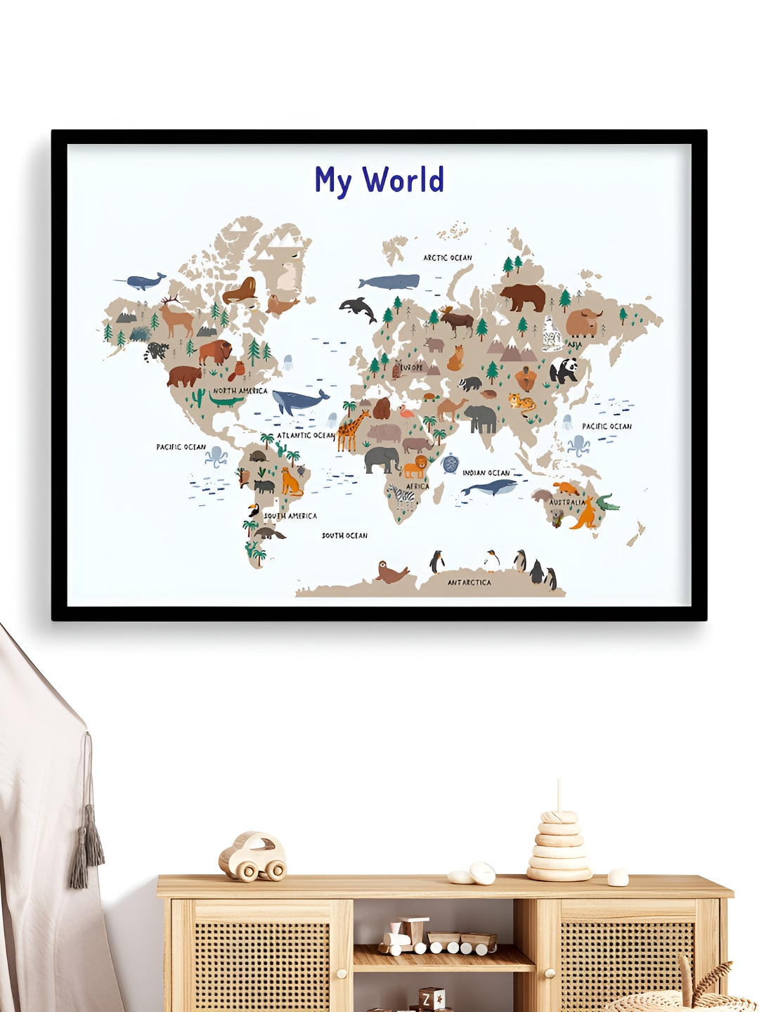 My Kids Wall Black & Brown Educational & Fun Animals World Map Wooden Wall art