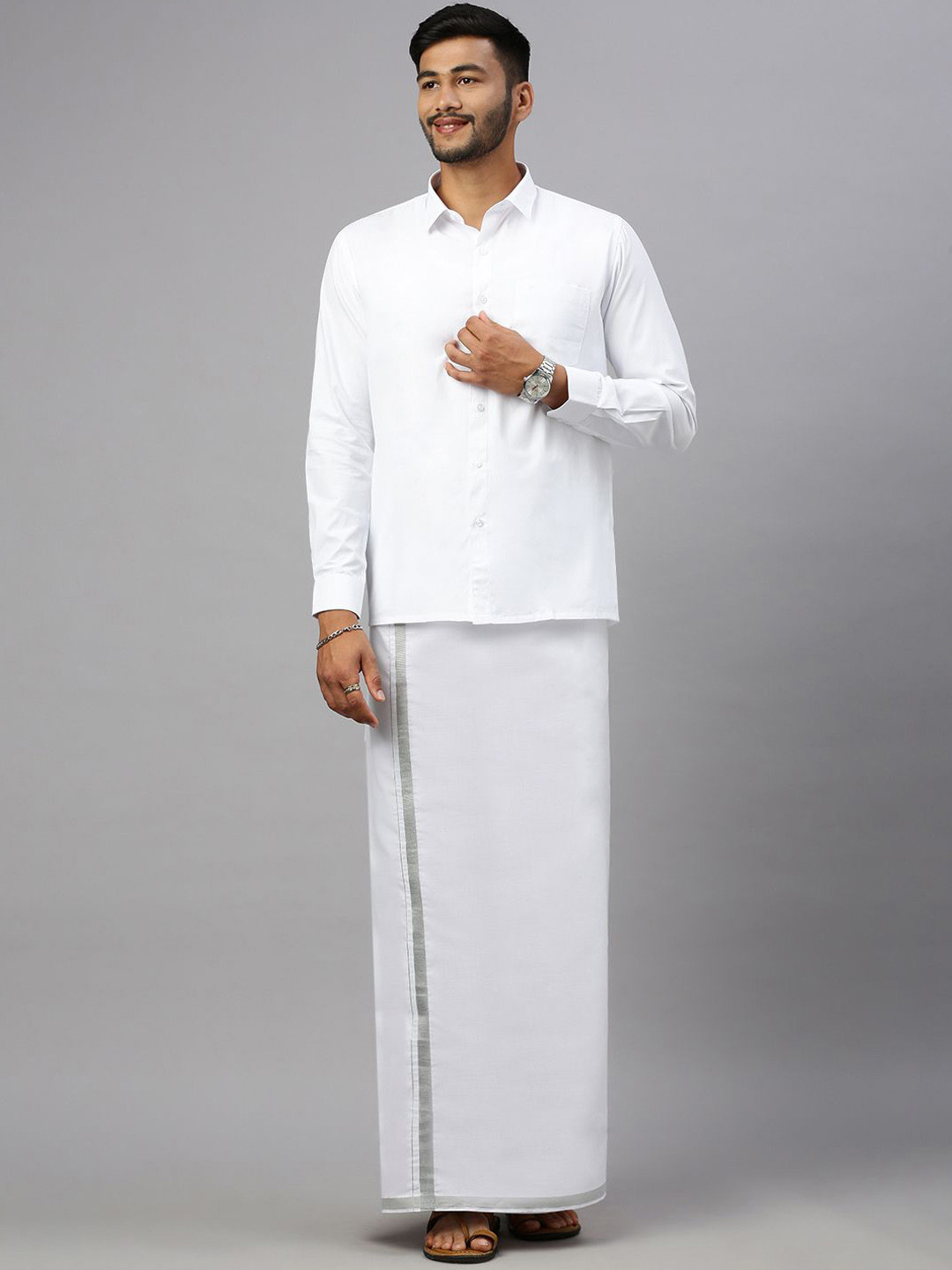 Ramraj Men Cotton Solid Zari Border Double Layer Dhoti