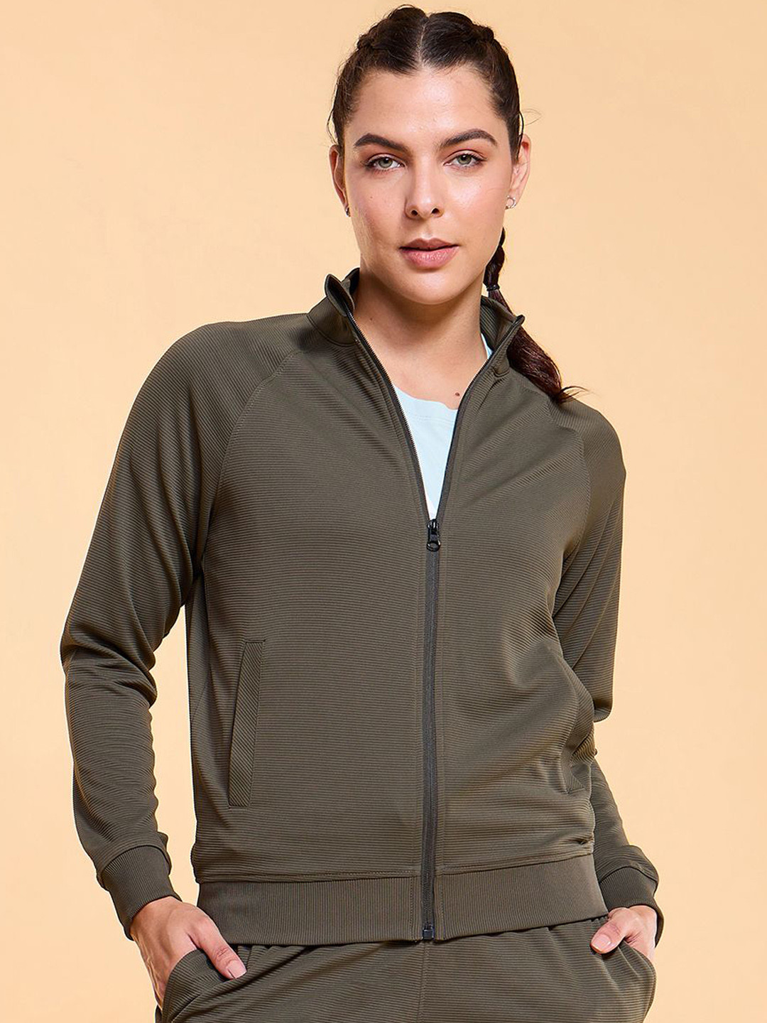 Enamor Ottoman Textured High Neck Relaxed Fit Regular Length Jacket A906