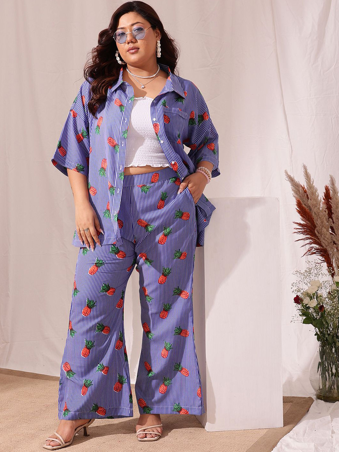 CURVY STREET Plus Size Printed Pure Cotton Shirt With Trousers