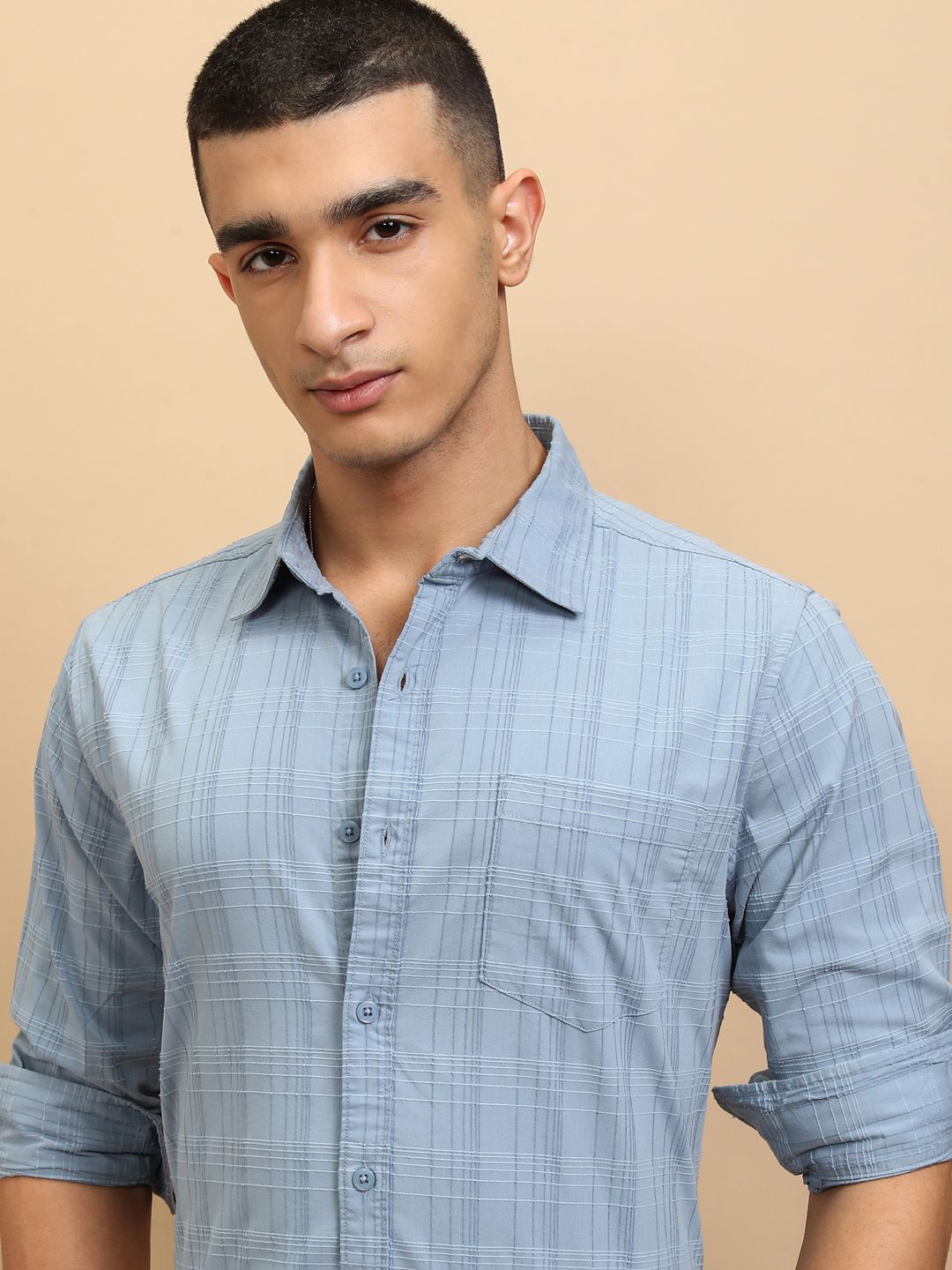 Highlander Men Chenile Yarn Dobby Textured Checked Casual Regular Fit Shirt