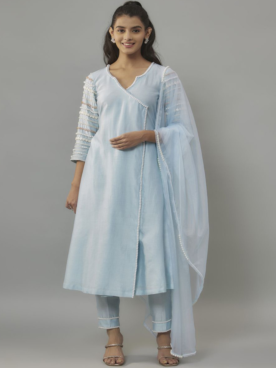 The Aarya V-Neck Angrakha Beads and Stones A-Line Kurta With Trouser & Dupatta