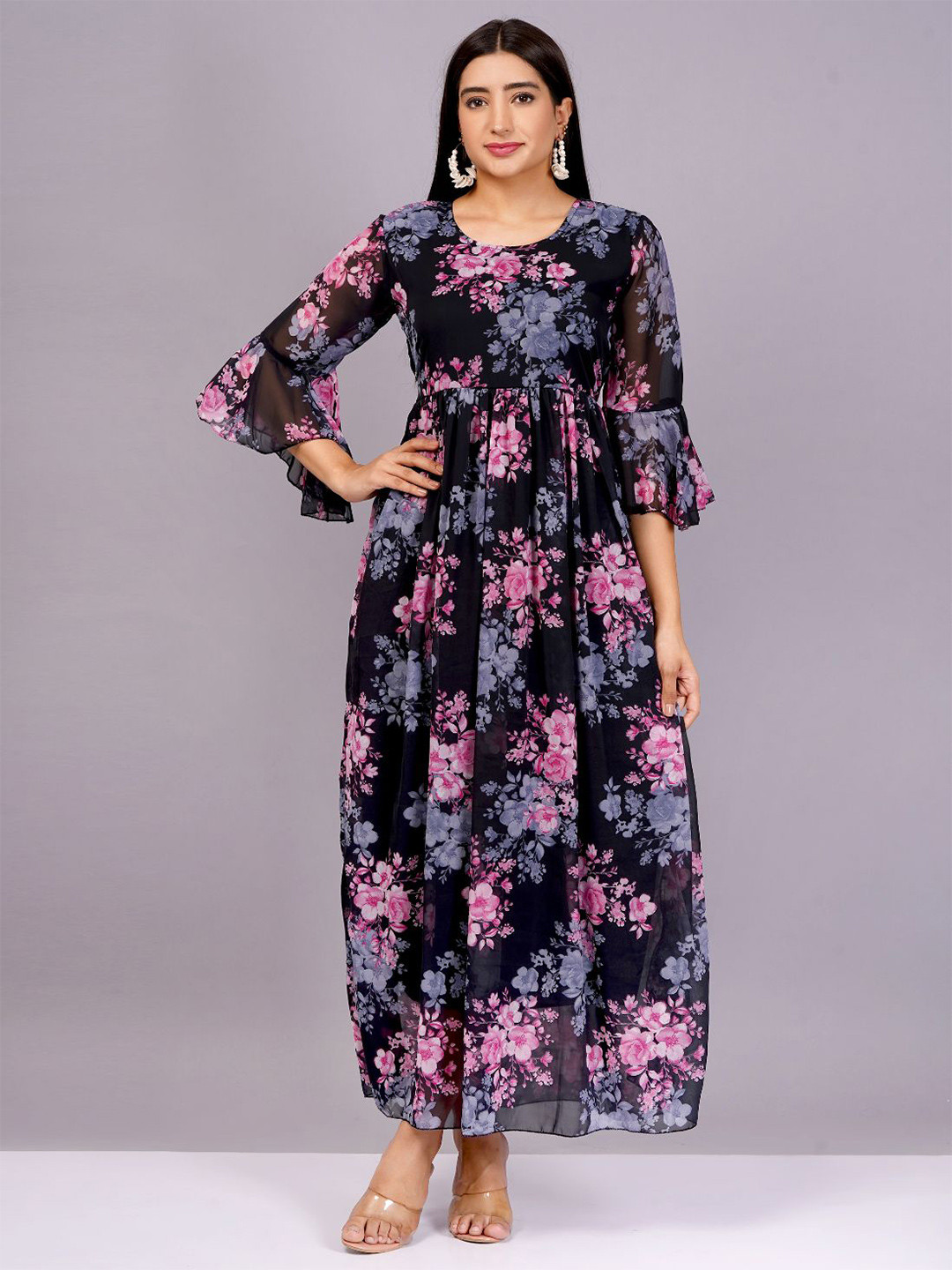 KALINI Floral Print Bell Sleeve Georgette Maxi Dress