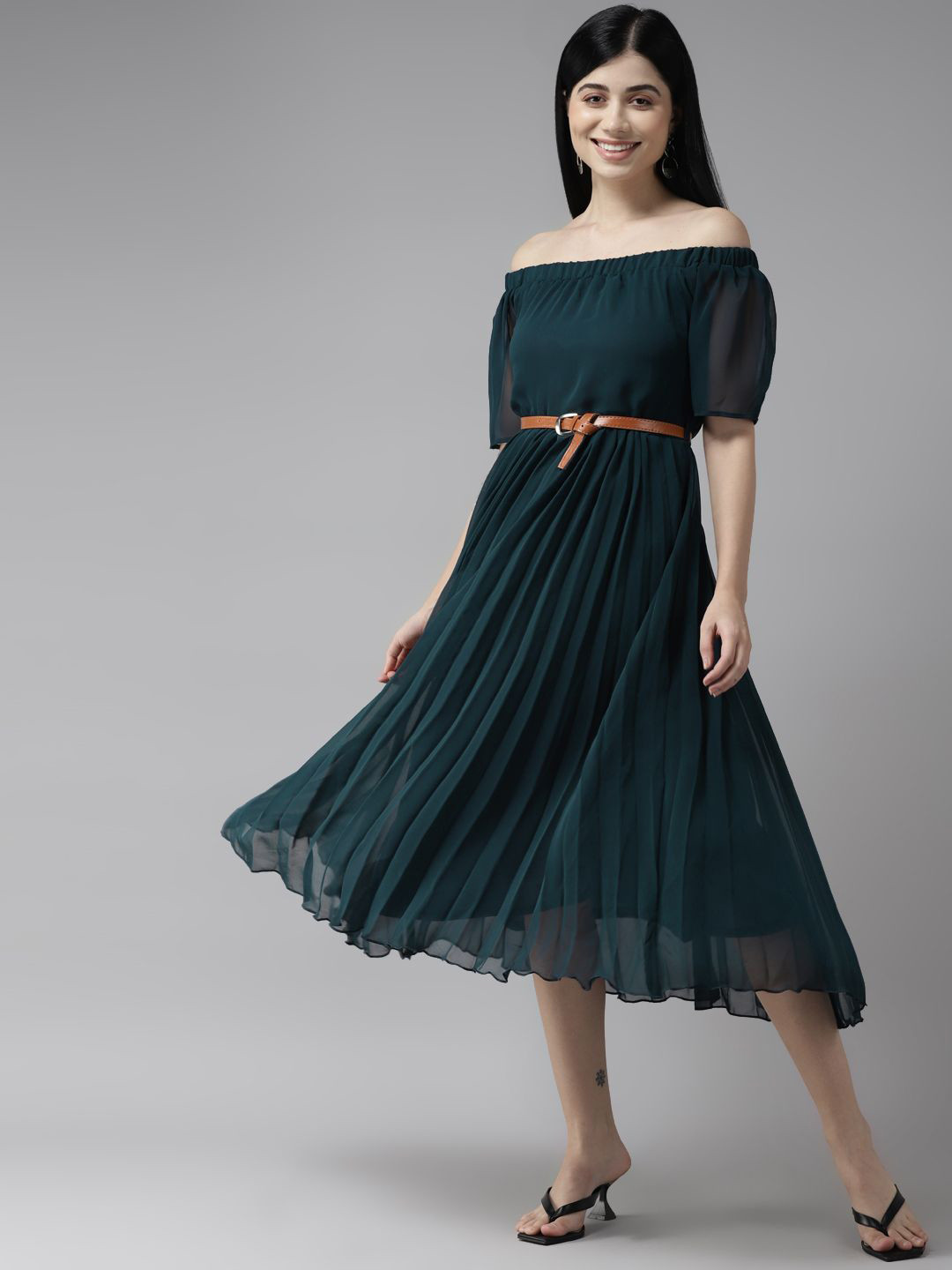 BAESD Georgette Off-Shoulder Puff Sleeve Fit & Flare Midi Dress Comes with a belt