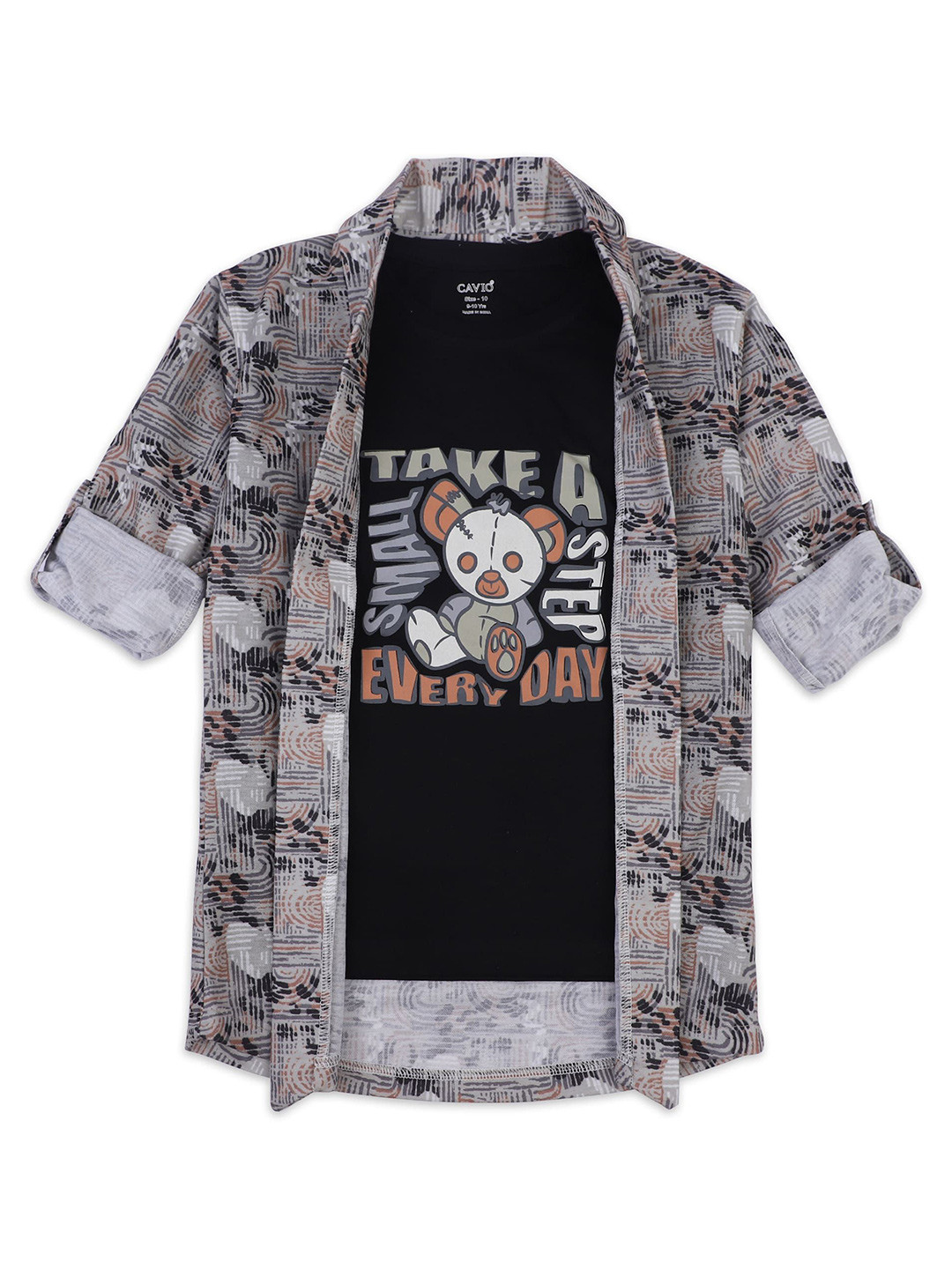 CAVIO Boys Geometric Printed Shawl Collar Jacket With T-shirt