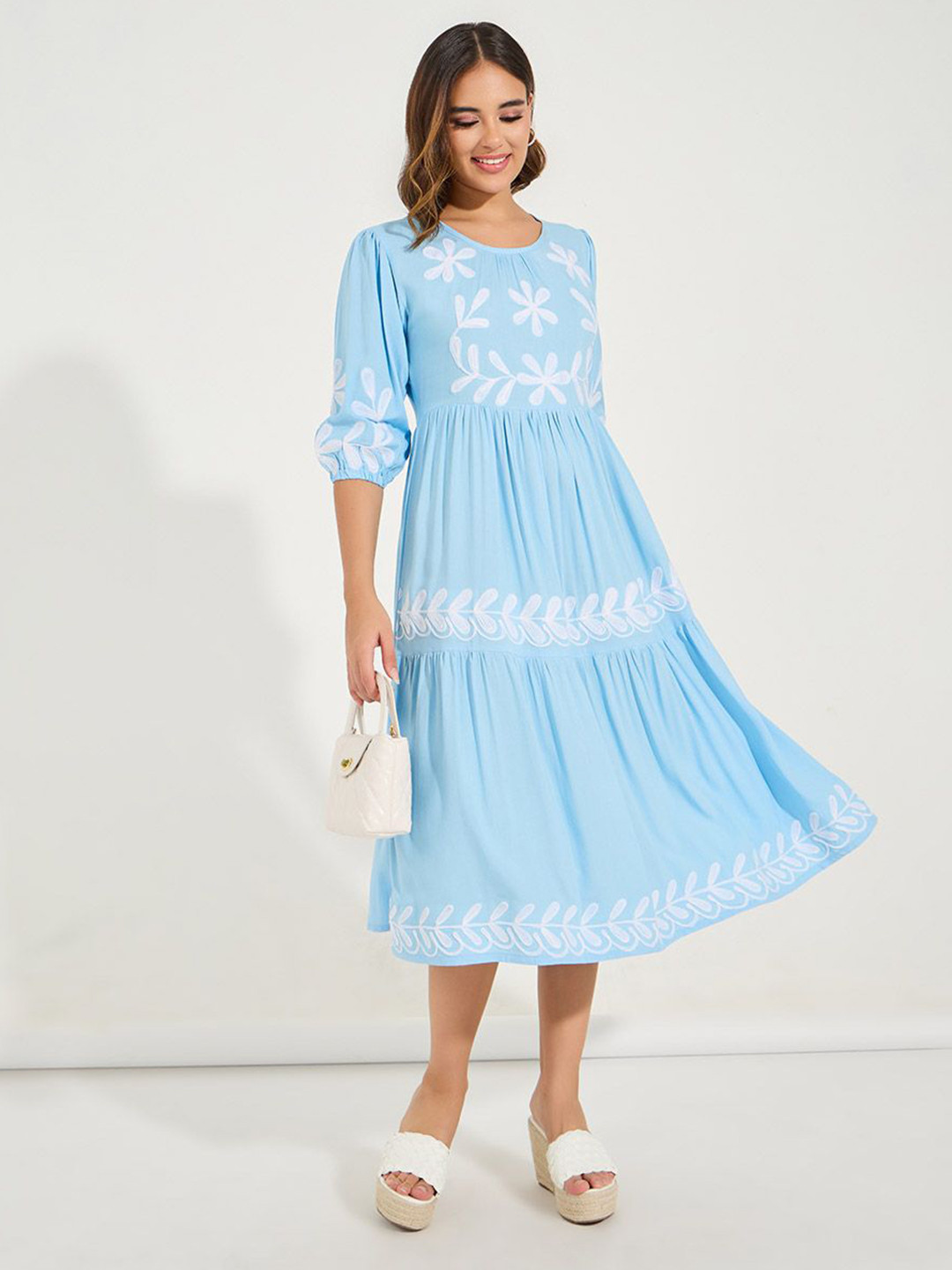 Styli Blue & White Floral Embroidered Puff Sleeves Cotton Tiered Detail A-Line Midi Dress