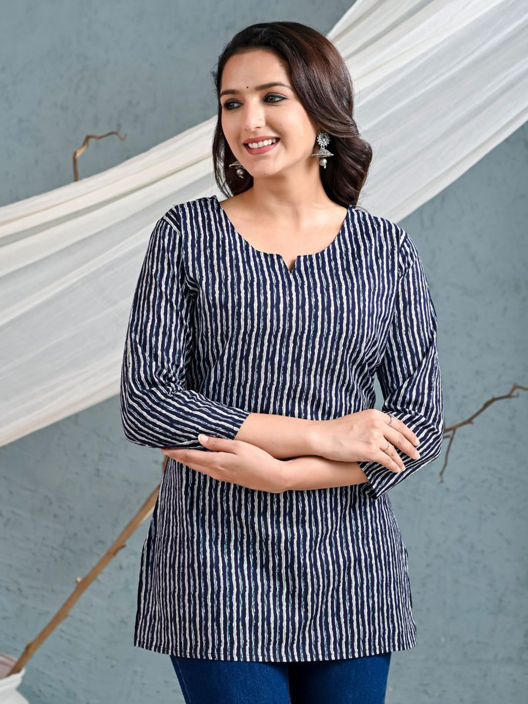 GORDHAN Women Striped Round Neck Pure Cotton Top