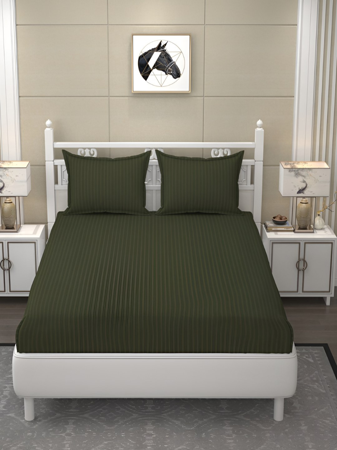 B' Decorlish Green Striped Cotton 210 TC King Fine Bedsheet with 2 Pillow Covers-108 x 108 inches