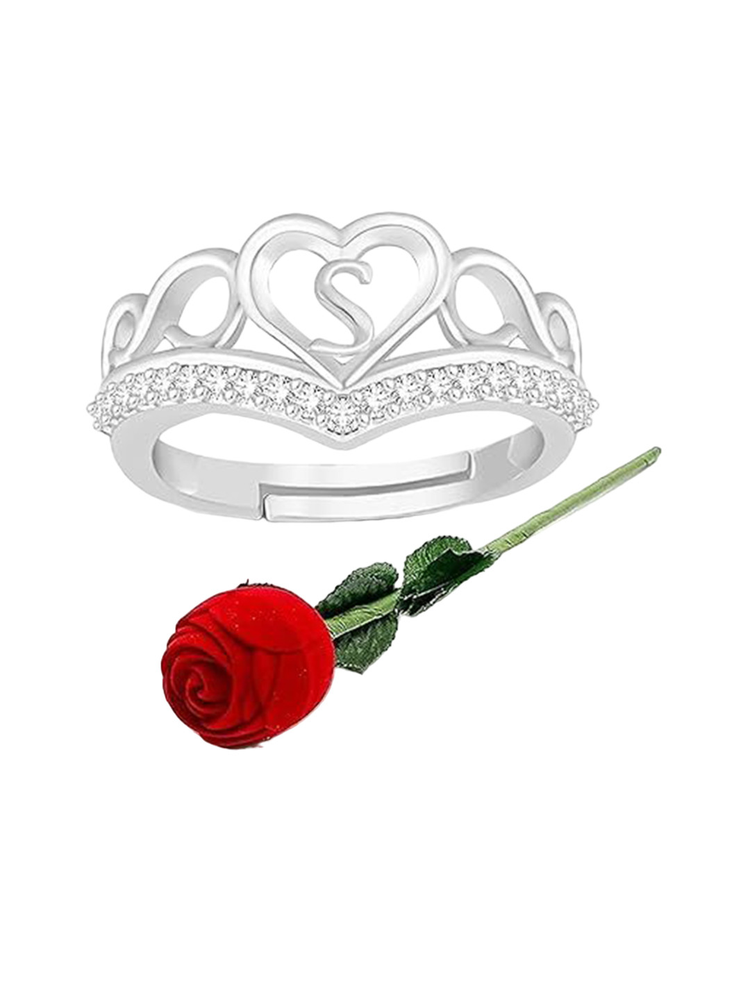 Lila Silver-Plated Cubic Zirconia-Studded Heart Alphabet S Adjustable Finger Ring