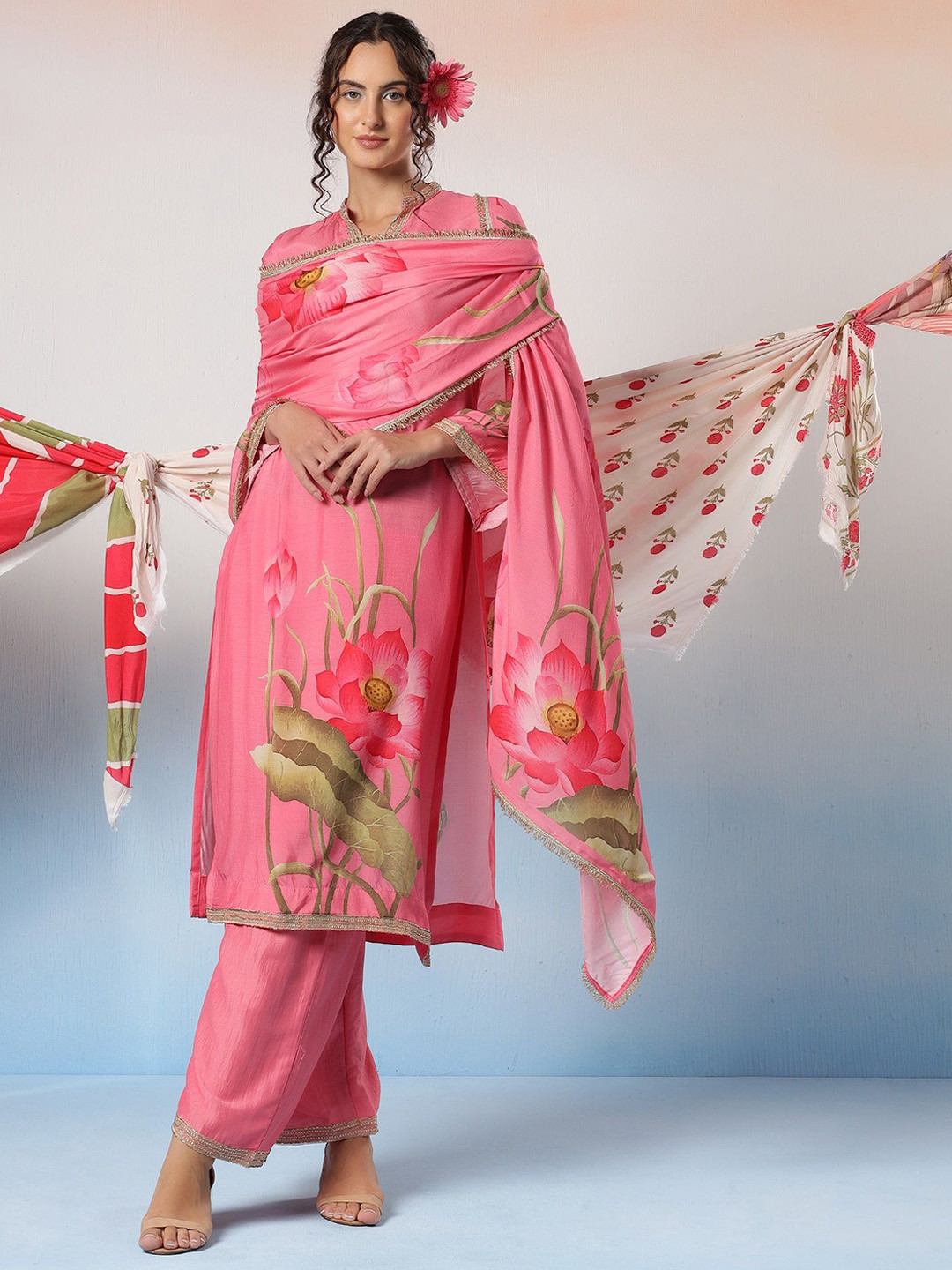 Bani Women Floral Printed Pure Silk  Style Kurta With Palazzos & Dupatta