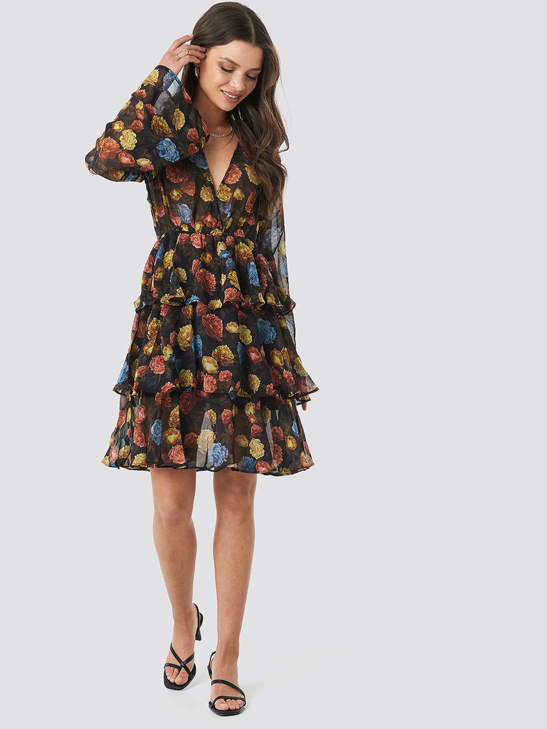 Roadster Crepe Floral Knee Long Fit and Flare Dress