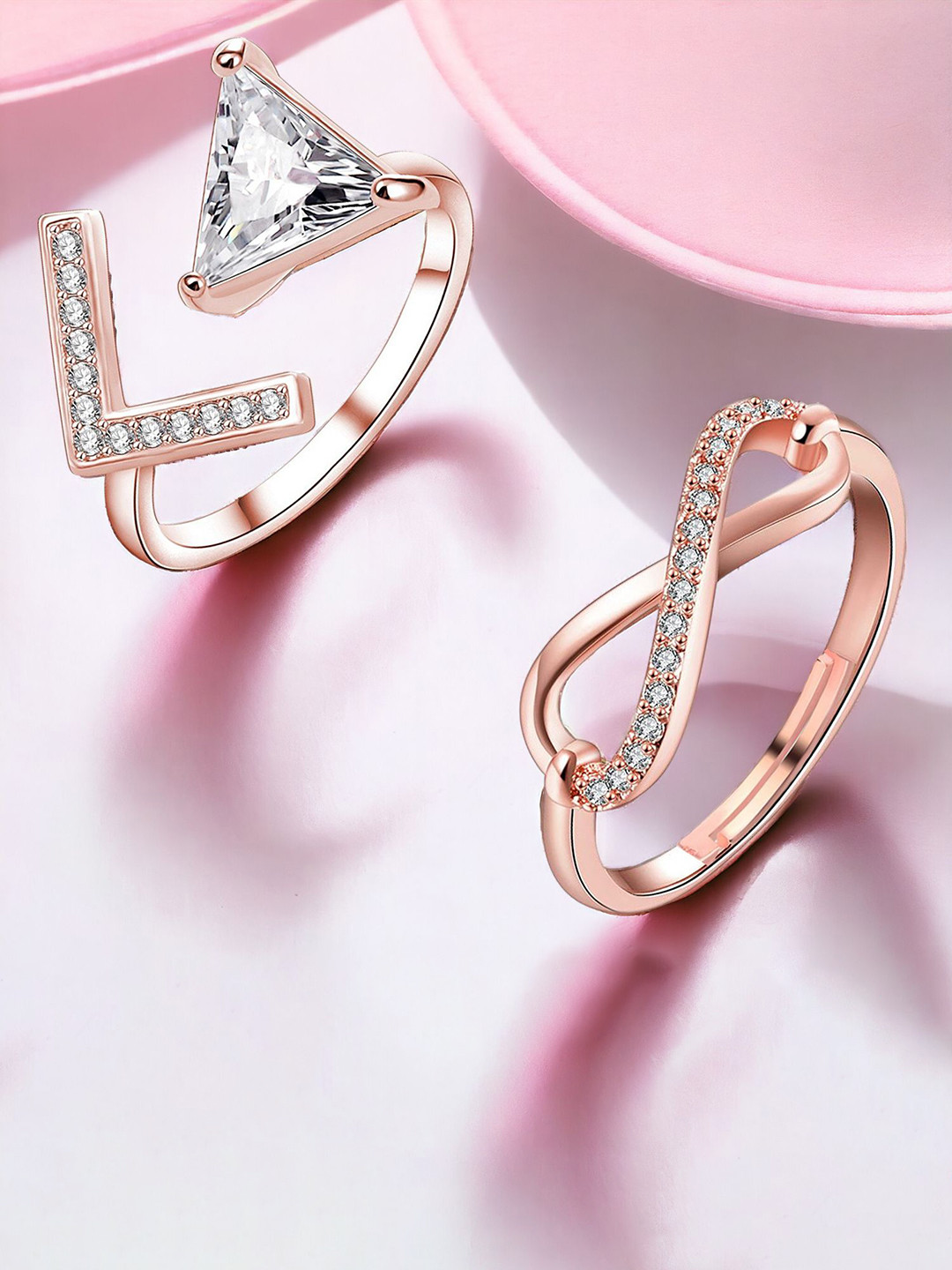 Okos Set Of 2 Rose Gold-Plated Cubic Zirconia-Studded Graceful Finger Rings