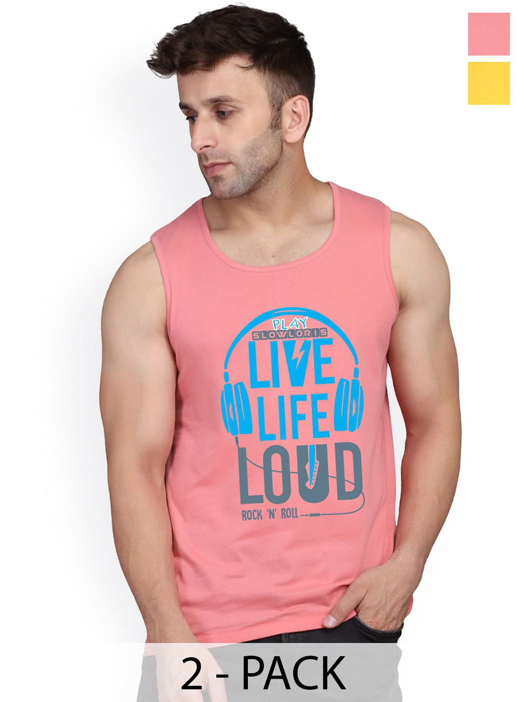 SLOWLORIS Pack Of 2 Printed Gym VestsSL26 COMBO (LOUD PEACH) (JUST YELLOW)