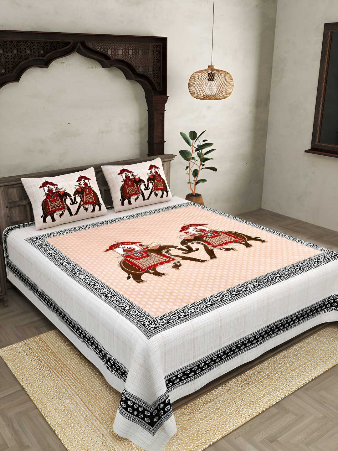 BED-SHEET.COM Royal Sawari Peach Ethnic Motifs Cotton 250 TC Super King Fine Bedsheet with 2 Pillow Covers-107 x 89 inches