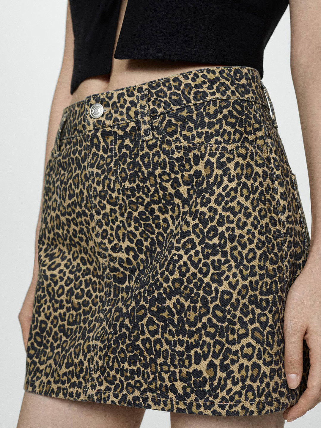 MANGO Animal Print Denim Mini Skirt