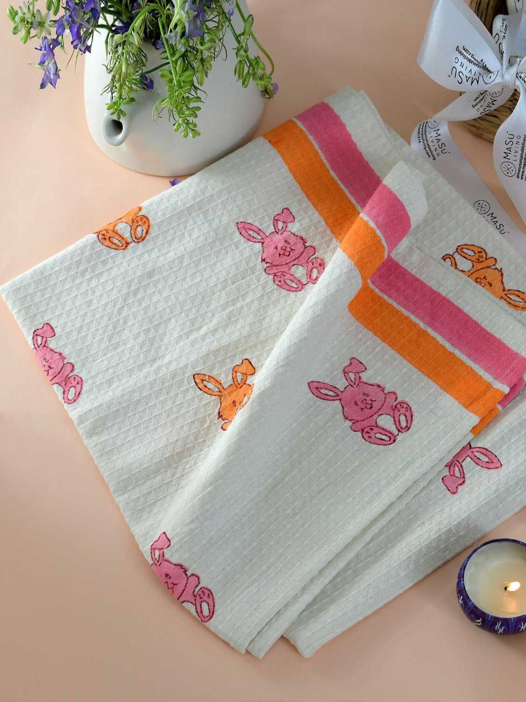 MASU LIVING Cream Coloured & Pink Bunny Rabbits Printed Pure Cotton 380 GSM Bath Towel