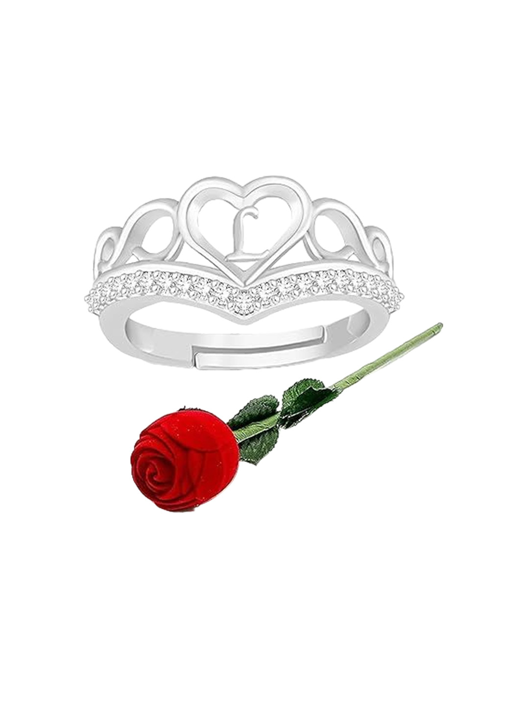 Lila Silver-Plated Cubic Zirconia-Studded Heart Alphabet L Adjustable Finger Ring