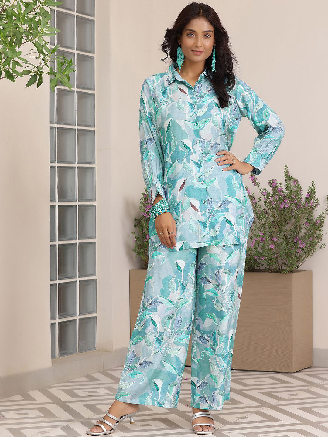 Libas Floral Printed Beads Embellished Shirt & Palazzos