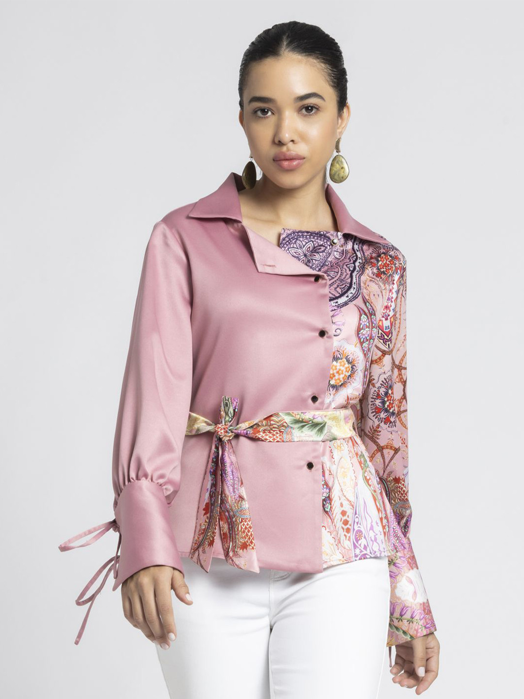 SHAYE Women Smart Floral Printed Opaque Party Shirt With Belt