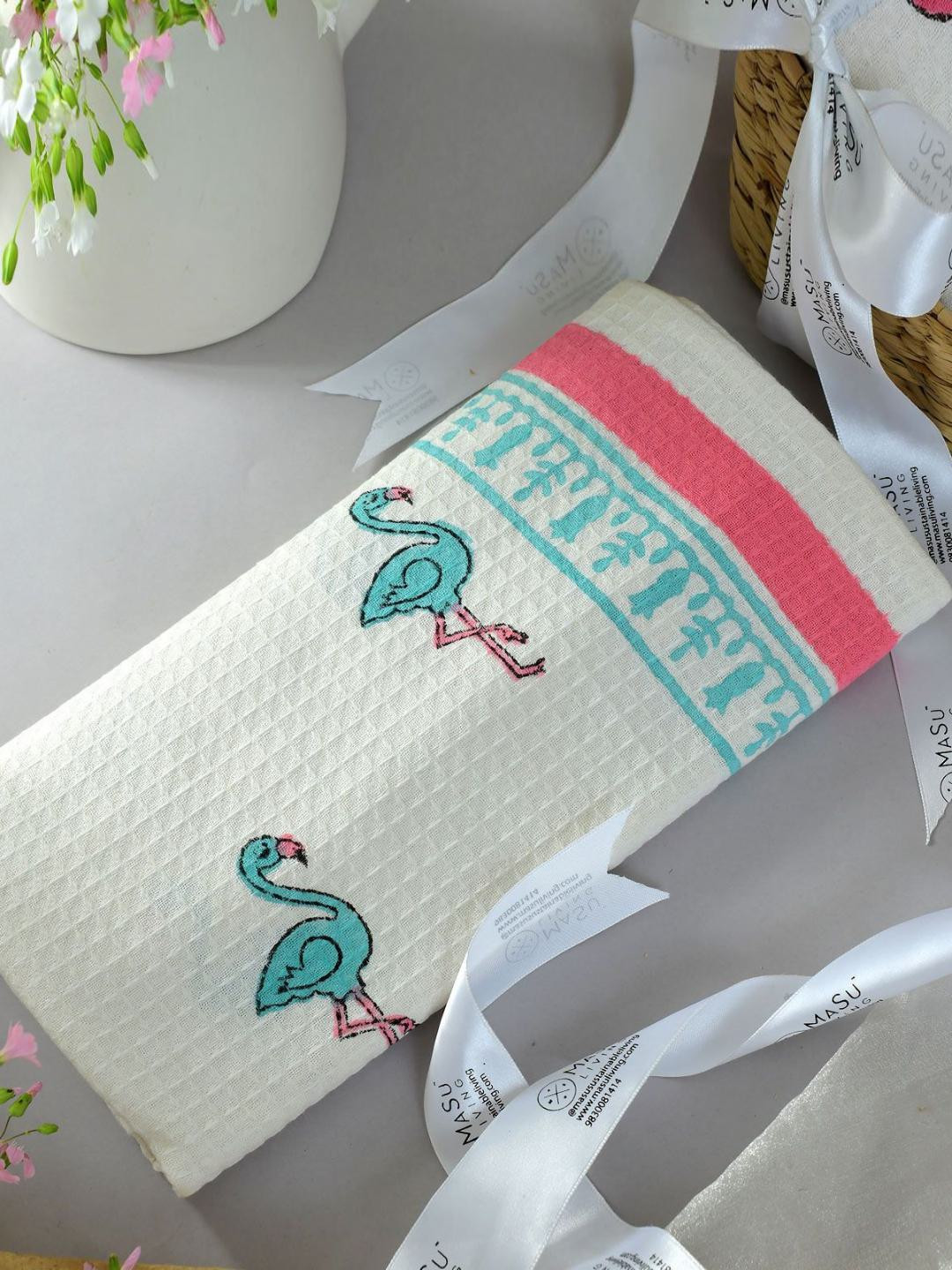 MASU LIVING White & Blue Printed Pure Cotton 380 GSM Bath Towel