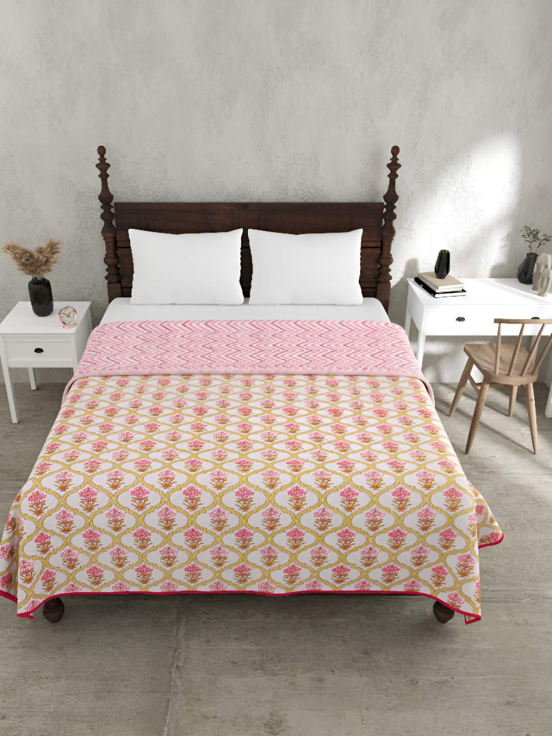 BED-SHEET.COM Pink Ethnic Motifs Pure Cotton 150 GSM Double Bed Dohar & 2 Pillow Covers