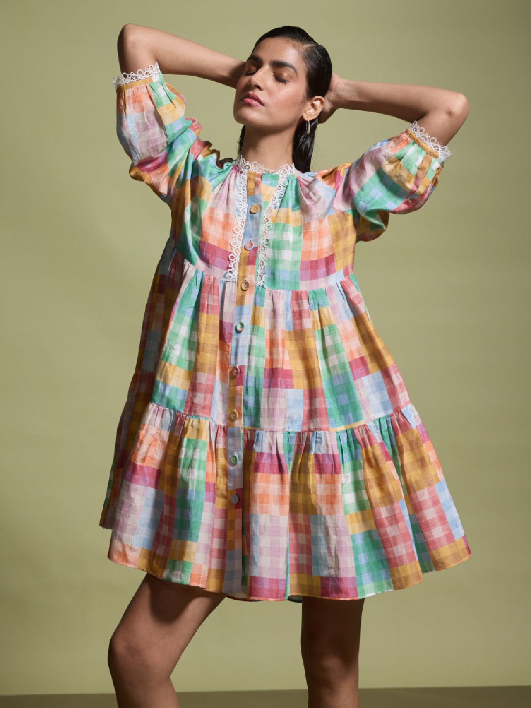 Dash and Dot Women Checked Puff Sleeve A-Line Dress