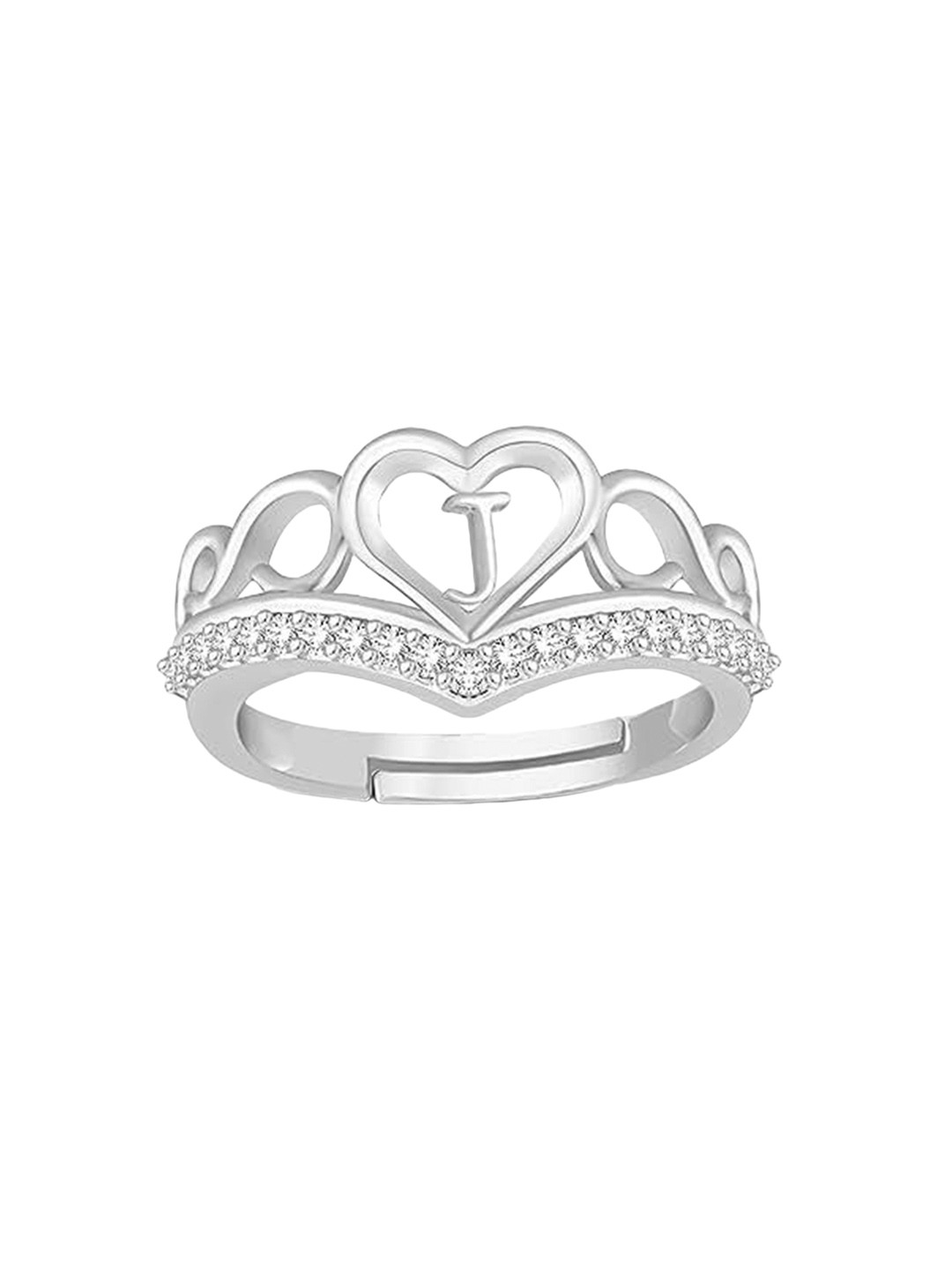 Lila Silver-Plated Cubic Zirconia-Studded Heart Alphabet J Adjustable Finger Ring