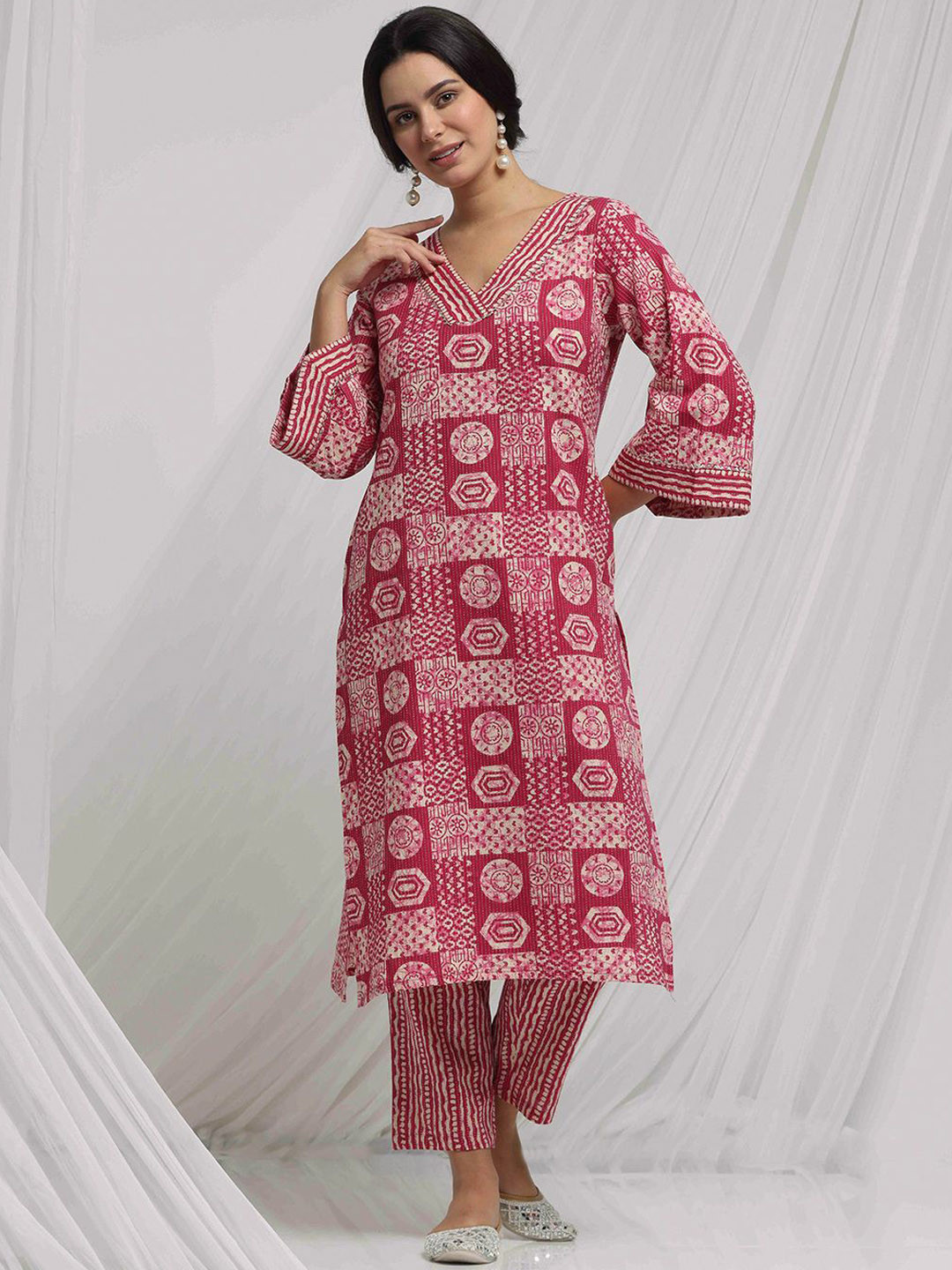 Anouk Pink Geometric Printed Kantha Work Pure Cotton Straight Kurta With Trouser