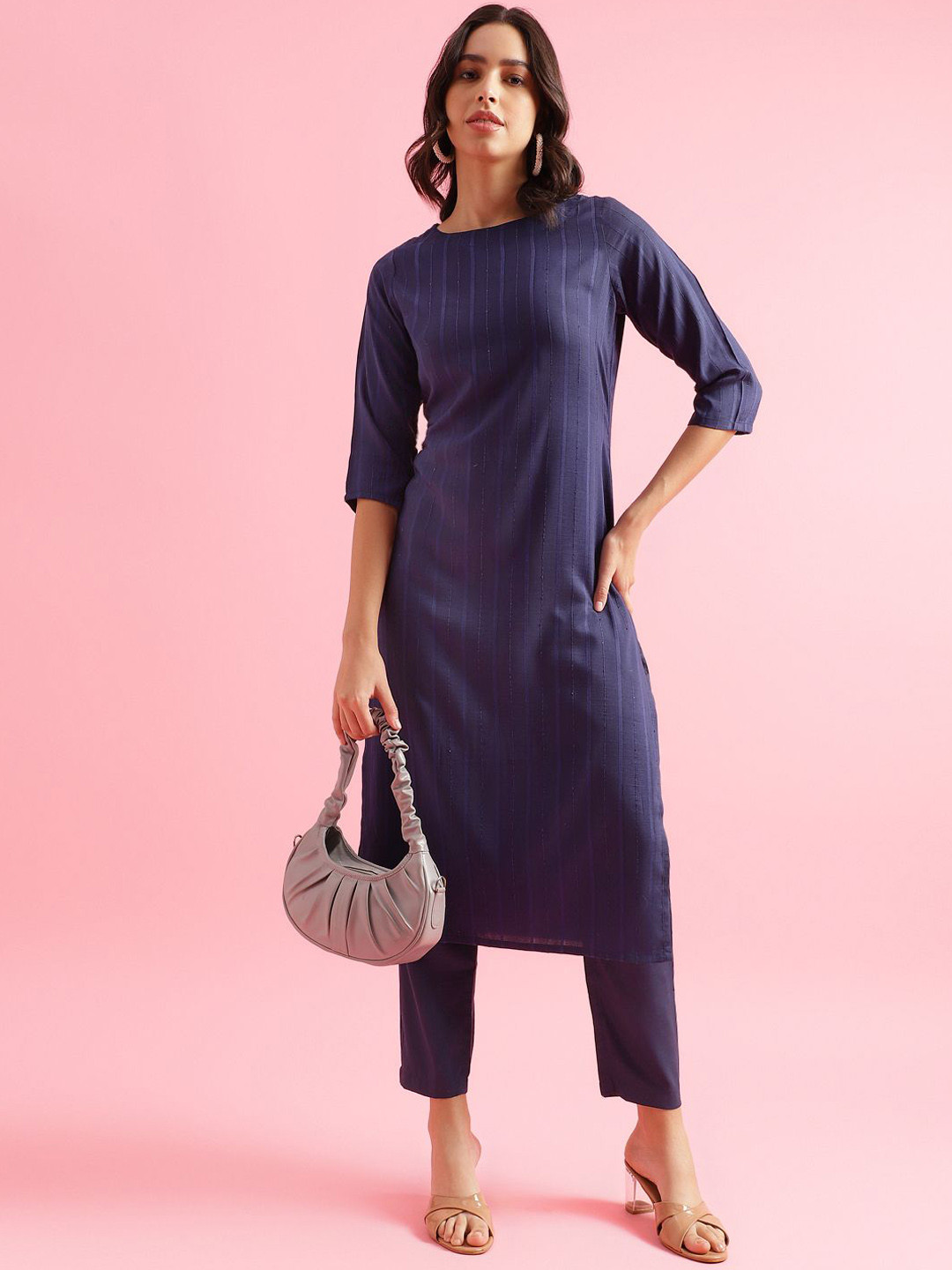 Saanjh Navy Blue Striped Straight Kurta with Trousers