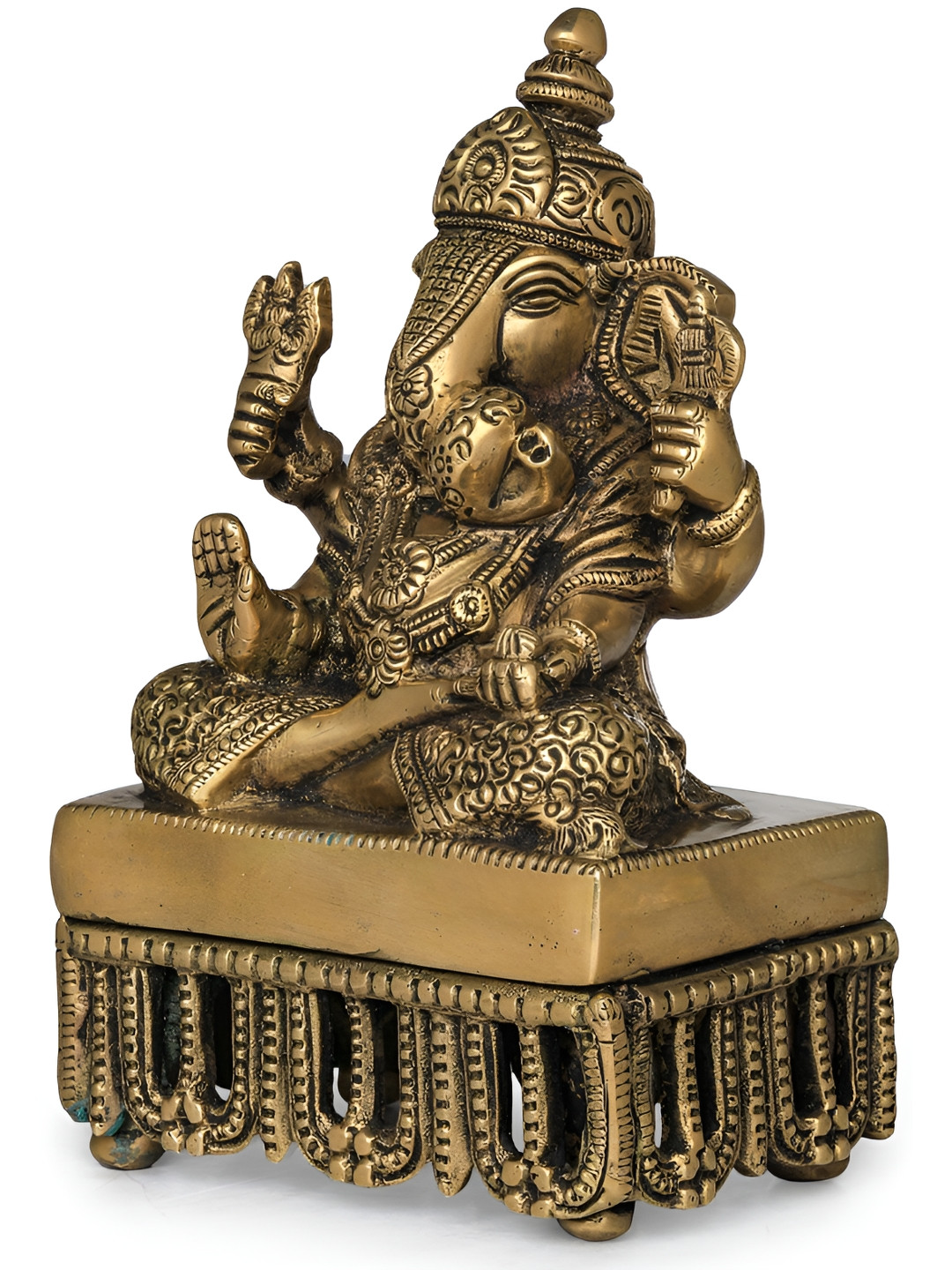 Exotic India Ganesha Seated on Chowki Gold Brass Metallic Prayer Room Hand Made Medium Showpiece - 6.2 Inches