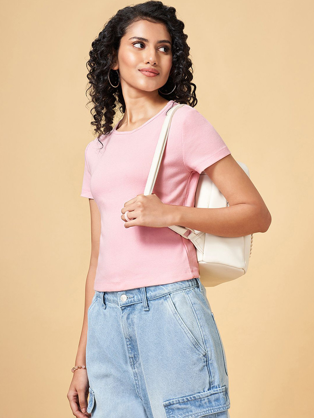 People Women Solid Knits Round Neck Cotton Top