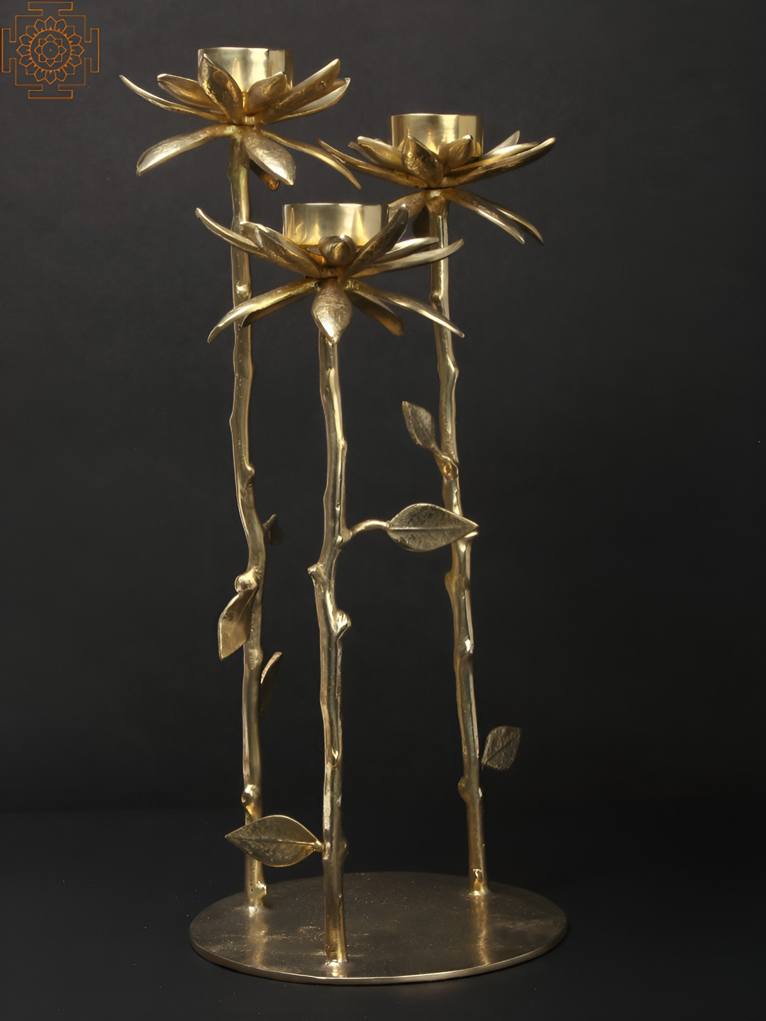 Exotic India Lotus Design Three Cups Candle Holder Gold Brass Metallic Living Room Extra Large Showpiece - 17.5 Inches