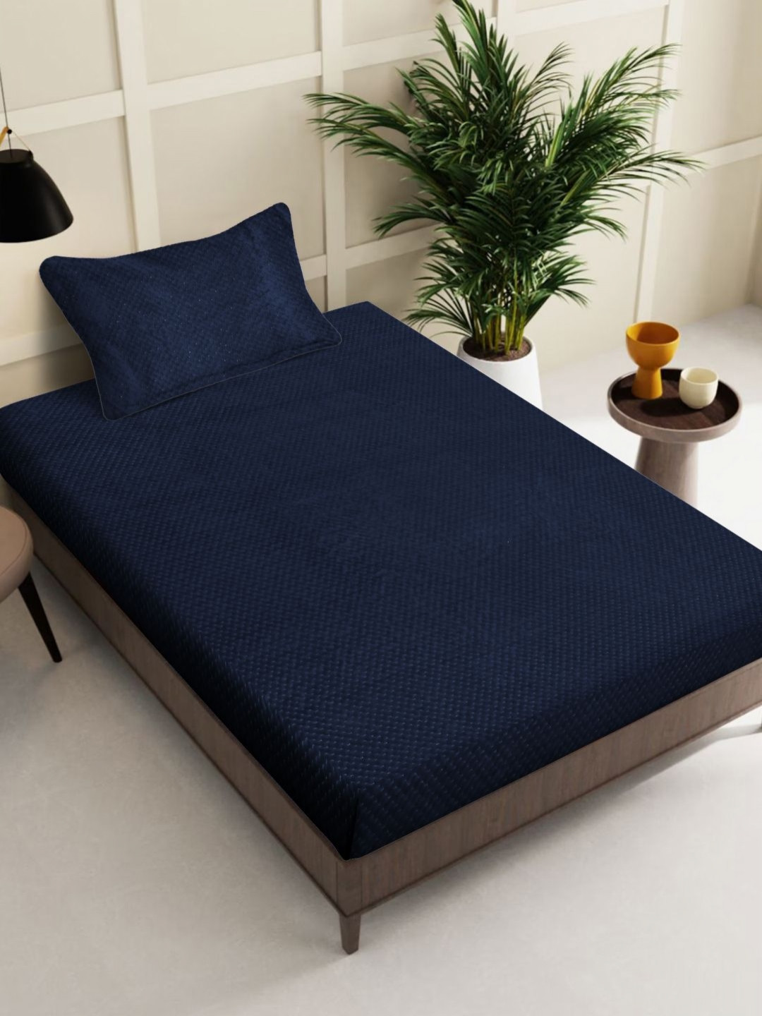 KLOTTHE Navy Blue Wool 300 TC Single Fine Bedsheet with a Pillow Cover-89 x 59 inches