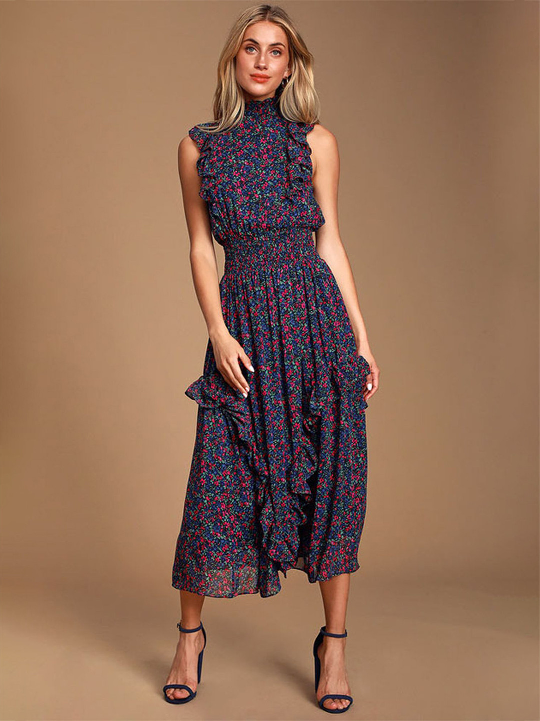 LULU & SKY High Neck Ruffle-trim Floral Midi Dress