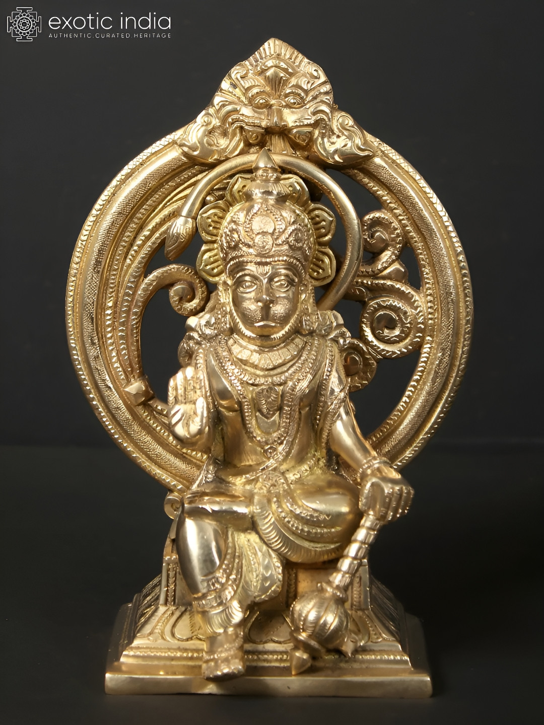 Exotic India Hanuman Seated On Kirtimukha Throne Gold Brass Metallic Prayer Room Medium Showpiece - 7.7 Inches