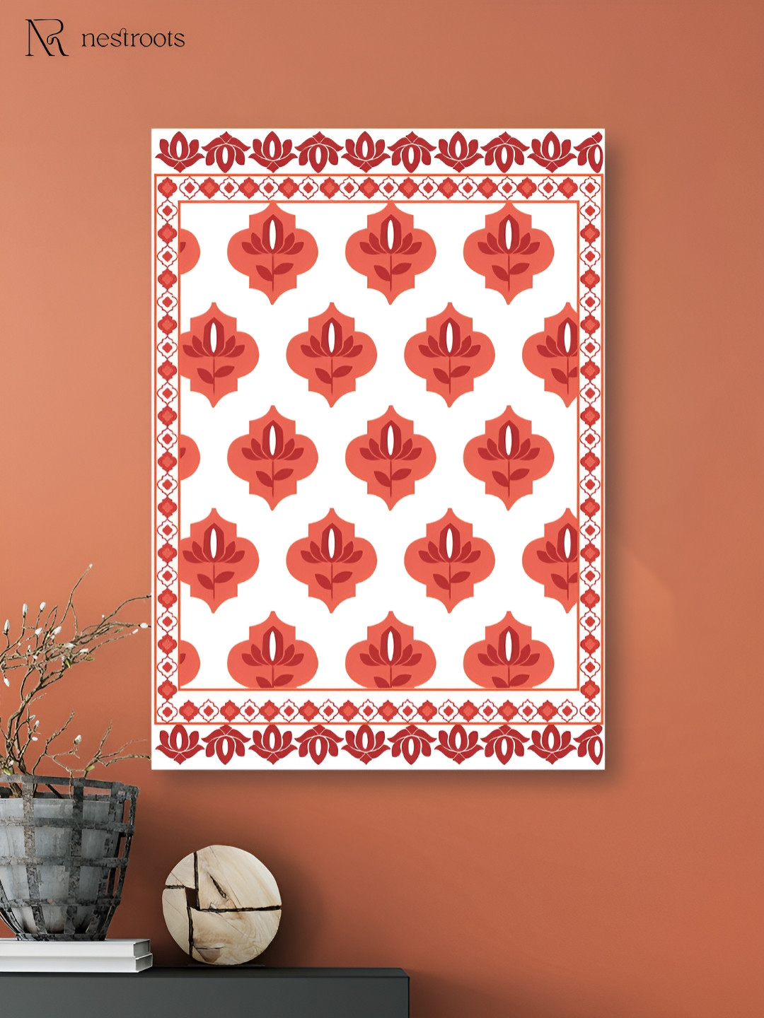 nestroots Mughal Bazaar Bustle White & Pink Floral and Botanical Painting Wall Art