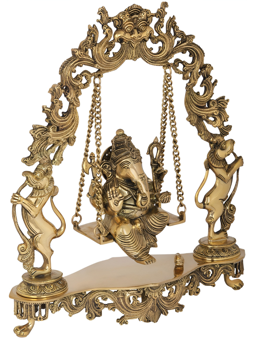Exotic India Lord Ganesha on A Swing Gold Brass Metallic Prayer Room Hand Made Large Showpiece - 18.3 Inches