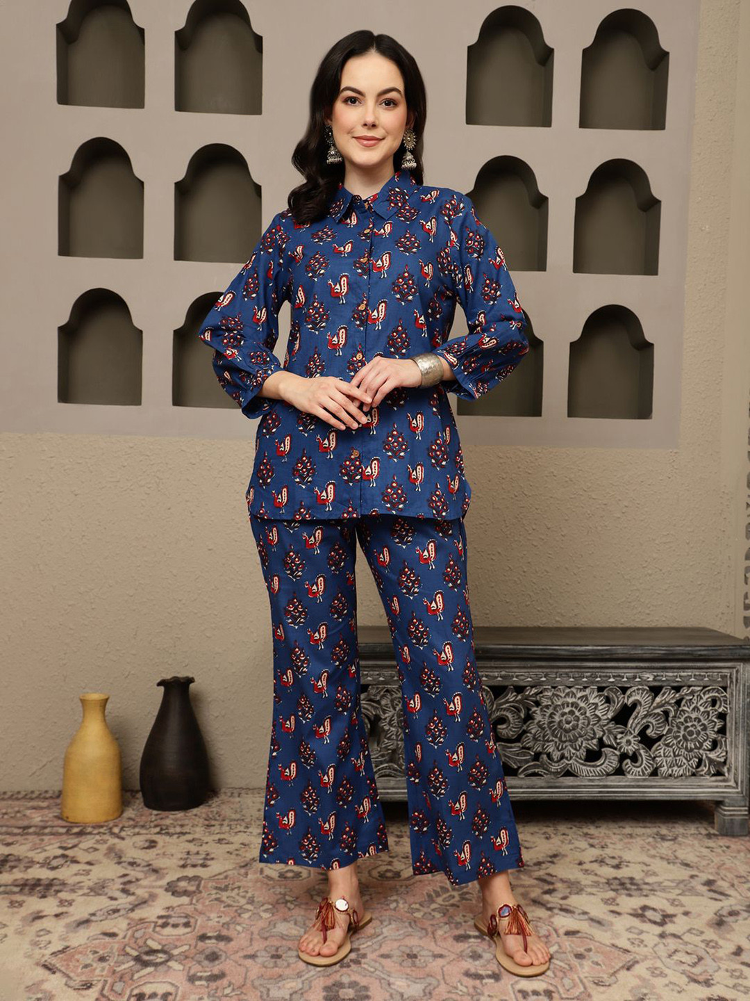 Sangria Peacock Printed Pure Cotton Shirt Style Top With Trousers