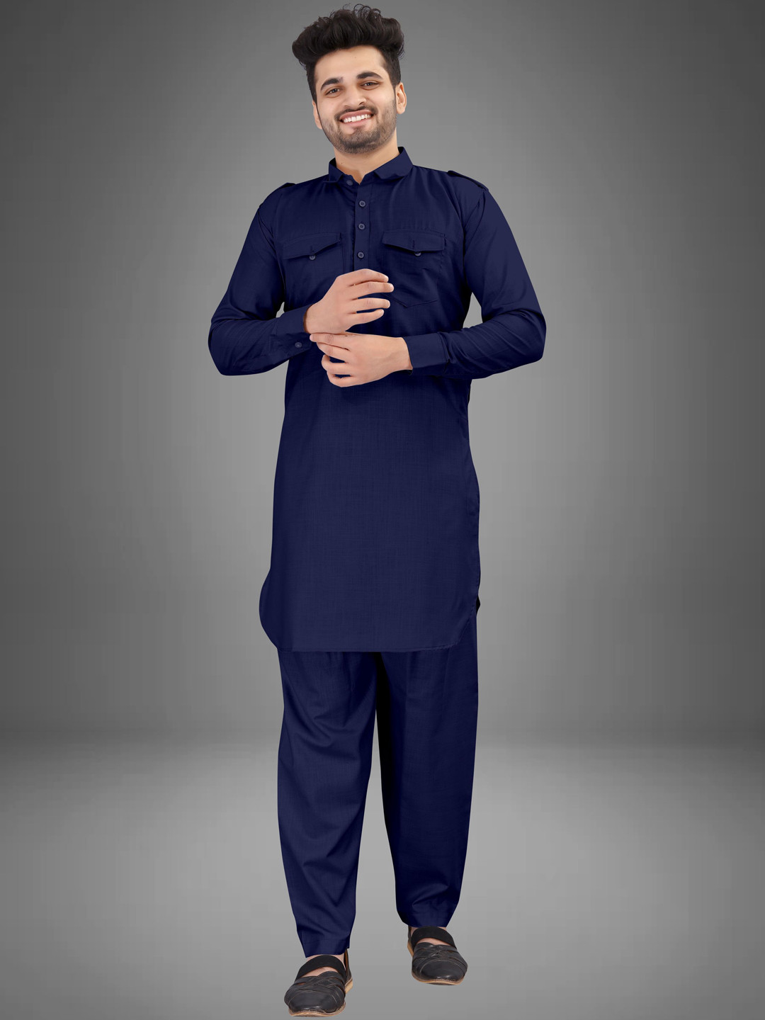 trustous Shirt Collar Pocket Detailing Pure Cotton Pathani Curved Kurta With Salwar