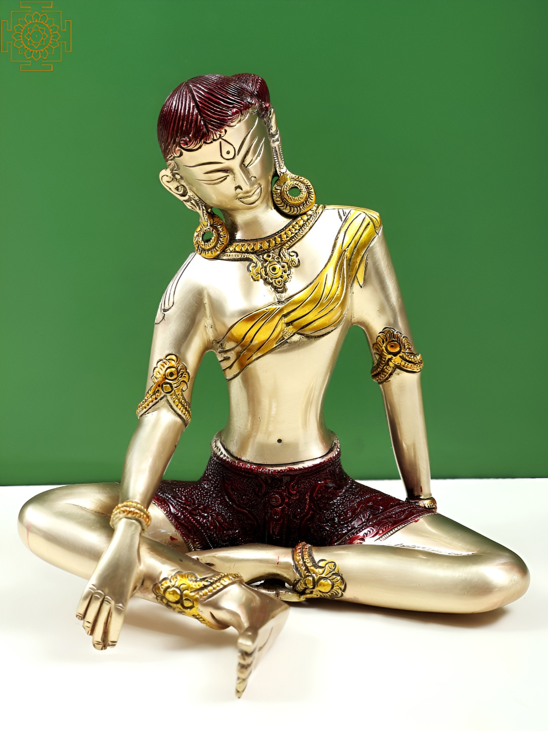 Exotic India Tibetan Buddhist Deity Tara Yellow Brass Matte Living Room Hand Made Medium Showpiece - 8.3 Inches