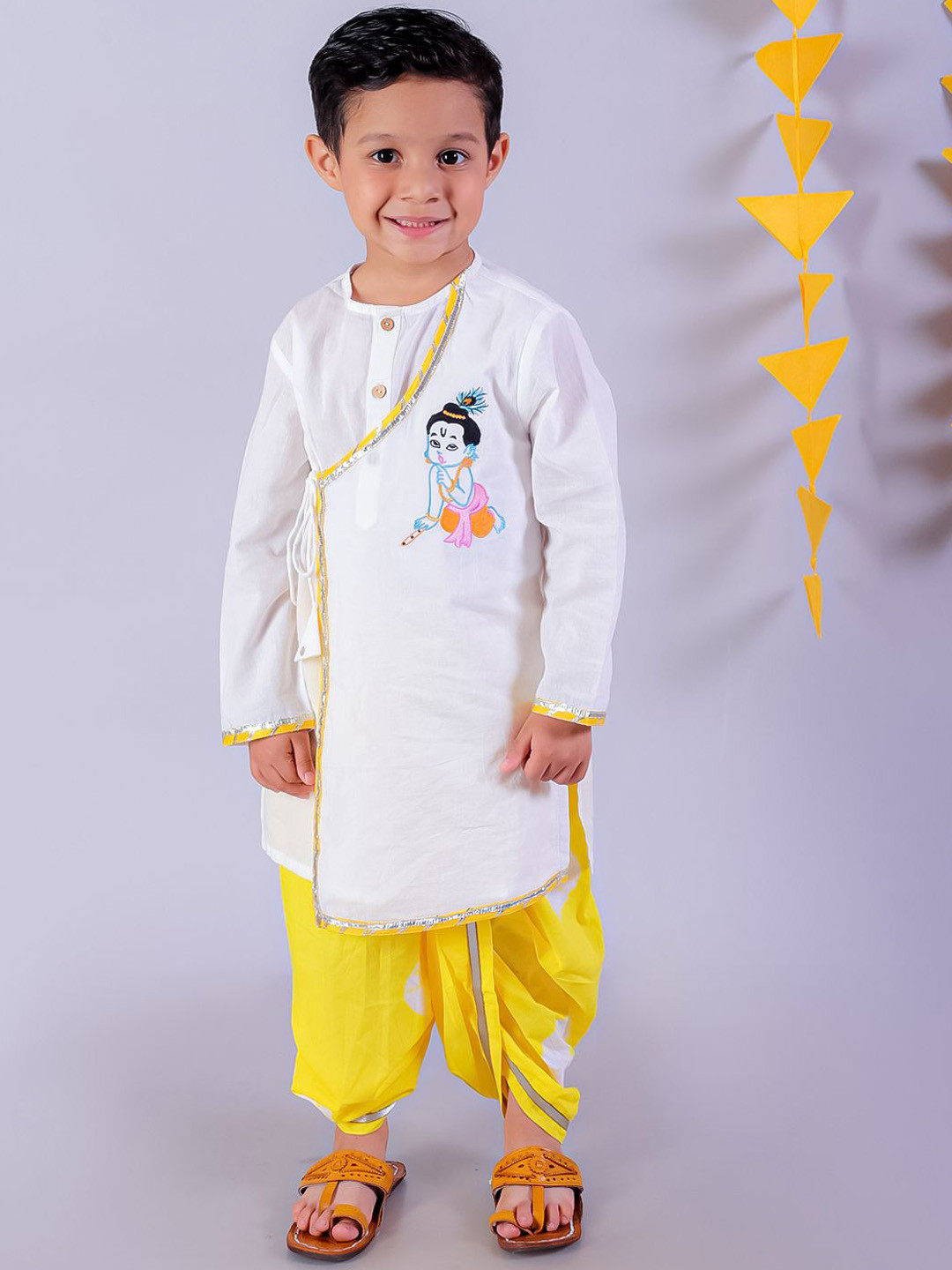 LIL DRAMA Boys Embroidered Thread Work Pure Cotton Straight Kurta With Dhoti Pant