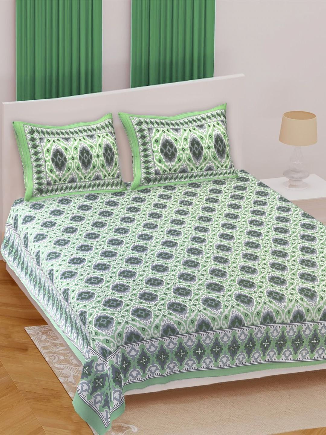 Texstylers Lime Green Floral Cotton 186 TC Queen Bedsheet with 2 Pillow Covers-85 x 95 inches