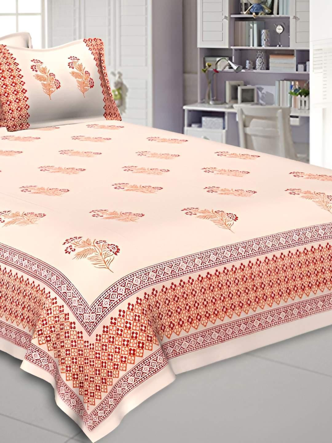 BED-SHEET.COM Red Floral Cotton 120 TC King Bedsheet with 2 Pillow Covers-107 x 89 inches