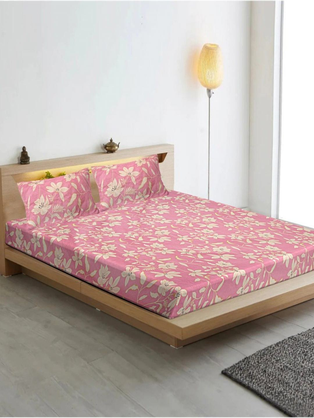 INDHOME LIFE Pink Floral Cotton 210 TC King Fine Bedsheet with 2 Pillow Covers-17 x 27 inches