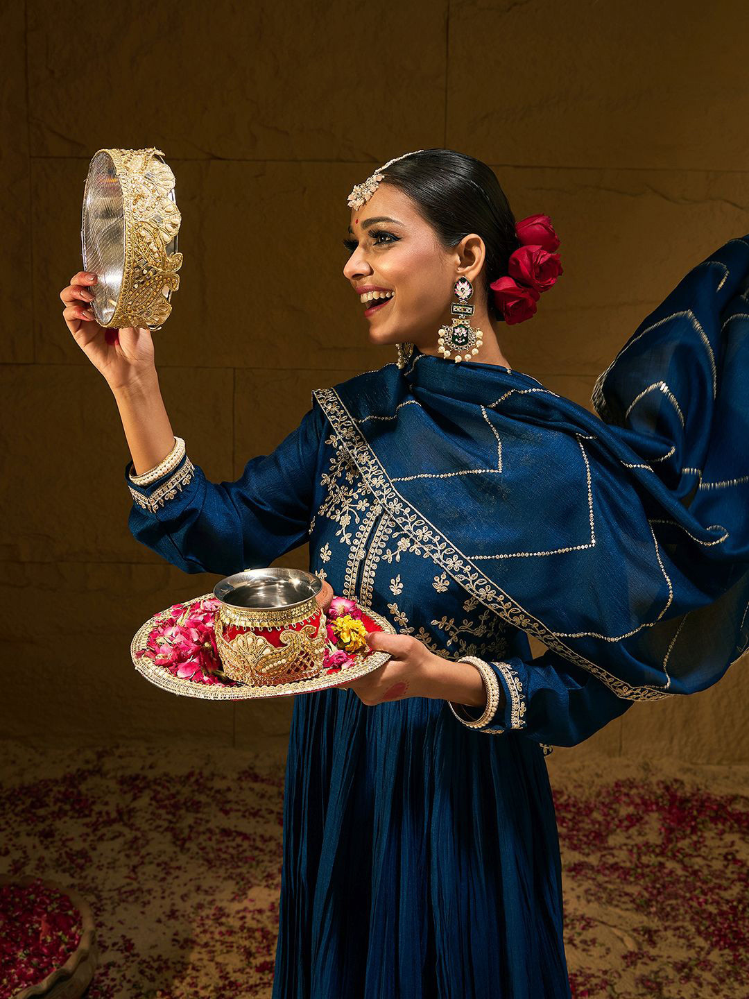 Indo Era Teal Blue Floral Embroidered V-Neck Pleated A-Line Kurta with Trousers & Dupatta