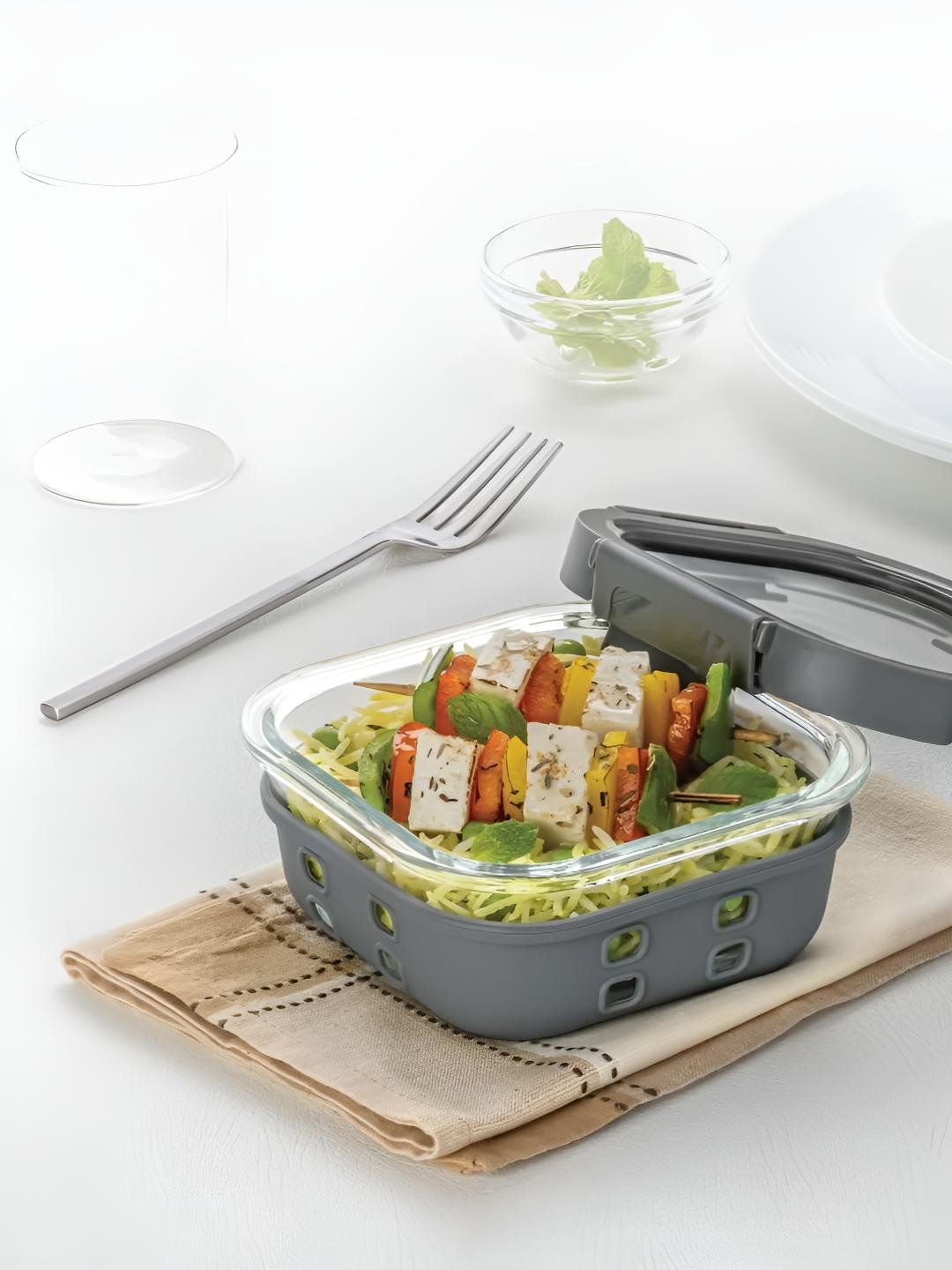 BOROSIL Klip-N-Store Plus Grey Solid Plastic Airtight 2PCs Lunch Box With Spoon and Fork