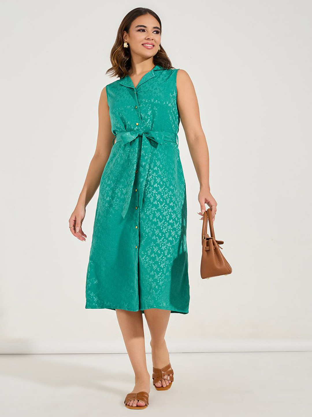 Styli Green Self Design Lapel Collar Sleeveless Tie-Ups Detail Shirt Midi Dress