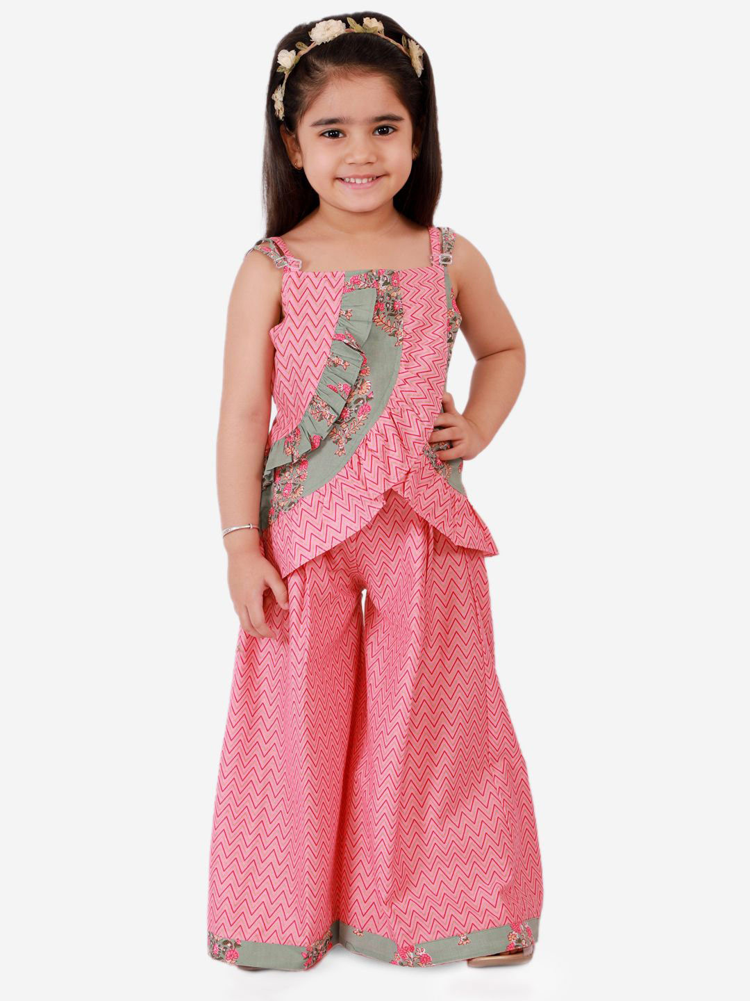 Twisha Girls Geometric Printed Ruffle Details Shoulder Straps Pure Cotton Top and Palazzo