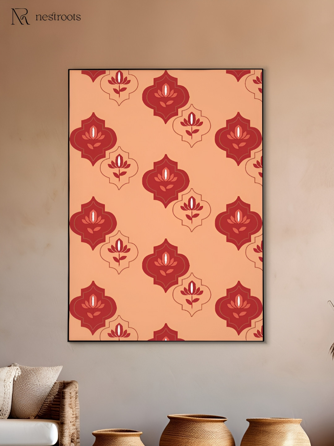 nestroots Citrus Soiree Motifs Peach & Maroon Floral and Botanical Wooden Wall Art