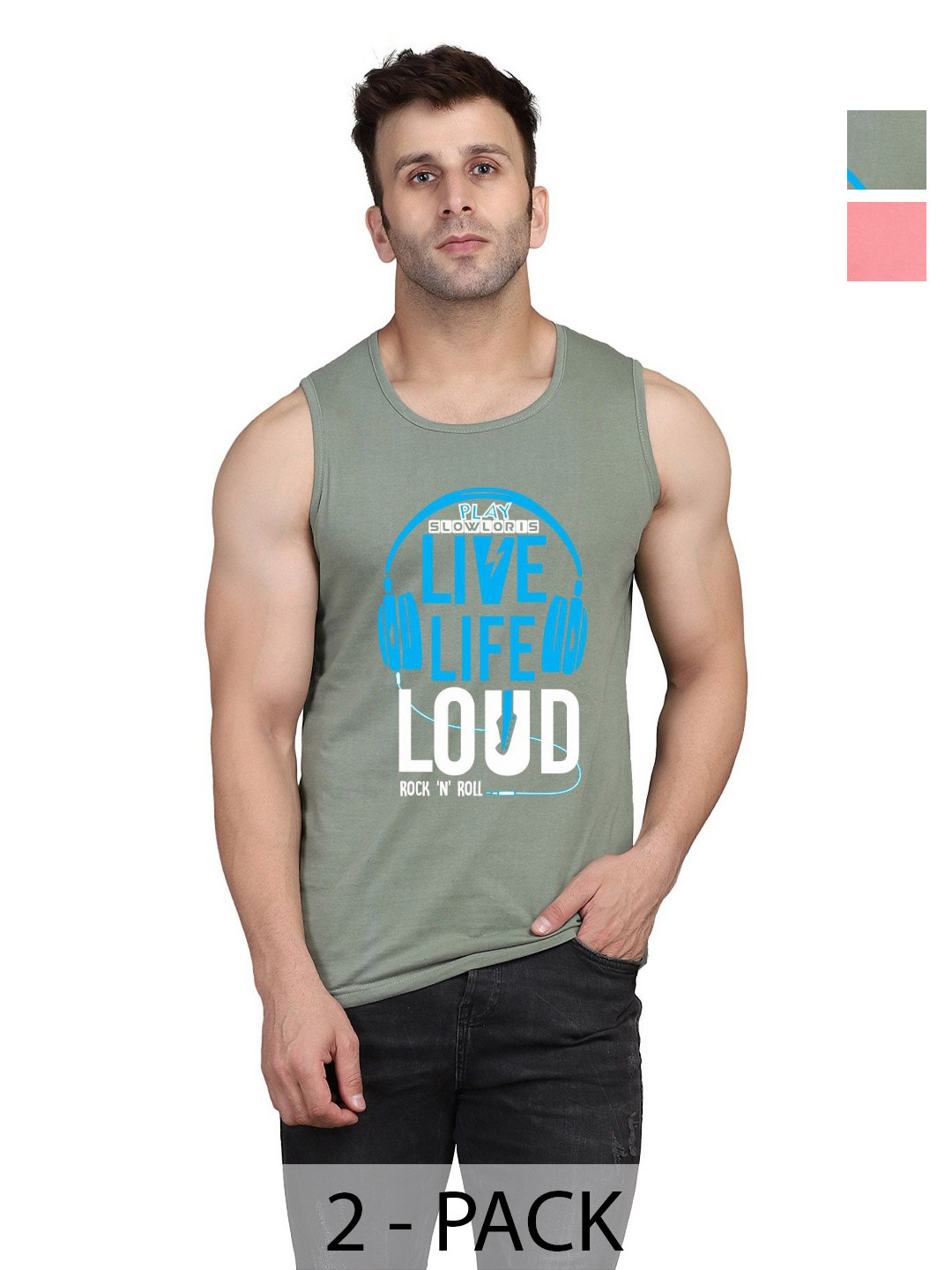 SLOWLORIS Men Pack Of 2 Typography Printed Round Neck Cotton Slim Fit T-Shirts